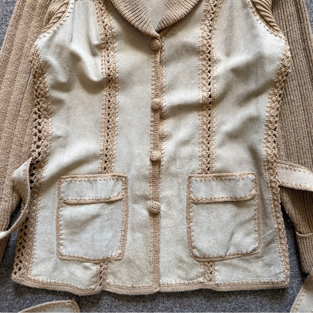 Vtg 70s Suede Knit Patchwork Crochet Cardigan Swe… - image 3